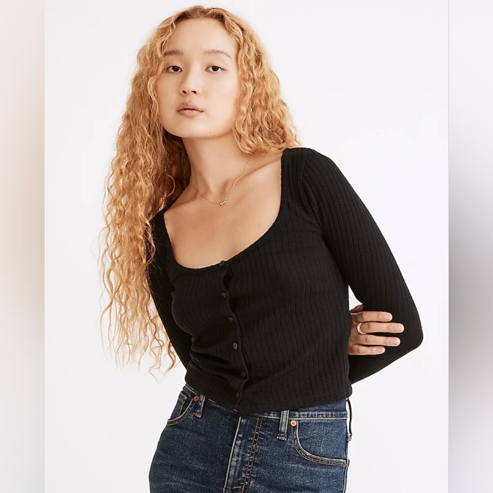 Madewell Ribbed Cardigan Crop Tee - Black - XS